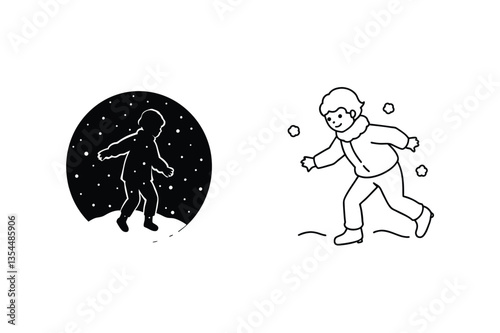 Winter Fun Child Playing in Snow, Silhouette, Snowball Fight