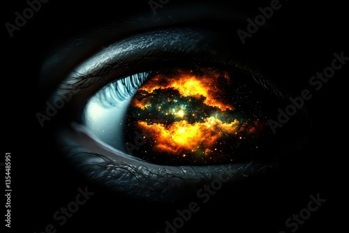 A surreal eye reflects a vibrant cosmic scene filled with stars and fiery clouds, symbolizing imagination and the universe within.