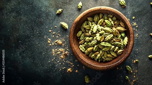 Green cardamom pods in wooden bowl on dark textured surface