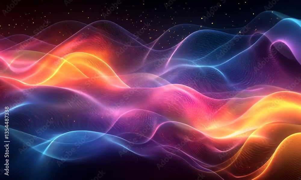 Abstract Glowing Landscape with Wavy Lines and Particles, Futuristic Background Abstract Glowing Landscape with Wavy Lines and Particles, Futuristic Background