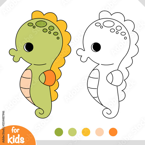 Cartoon cute sea animal Seahorse, Coloring book for kids