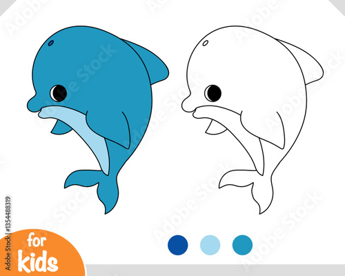 Cute cartoon sea animal dolphin, Coloring book for kids