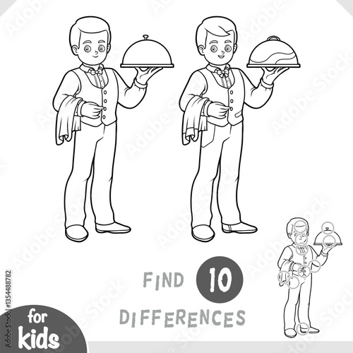 Cartoon character waiter. Find differences, black and white education game