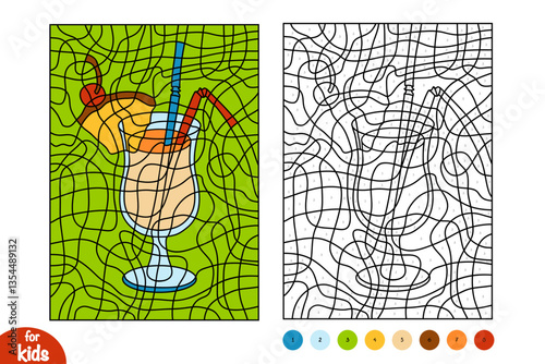 Color by number, education game for kids, Tropical Pineapple Cocktail