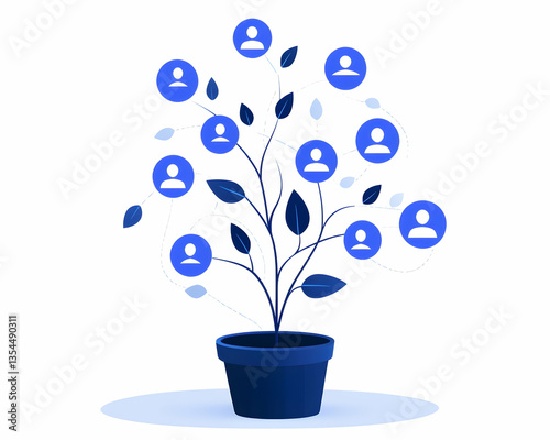 Growing network of connections visualized as a plant with people icons as leaves