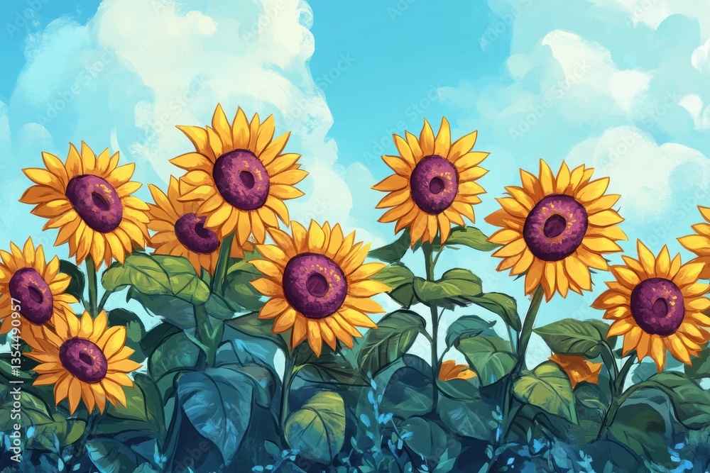 Obraz premium A vibrant illustration of sunflowers under a bright blue sky with fluffy white clouds above them