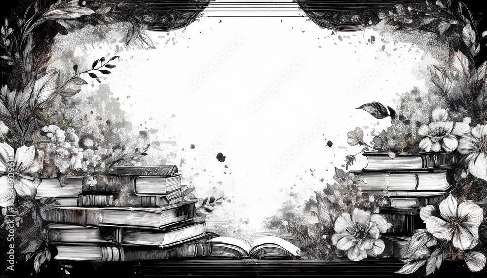 Obraz premium border frame illustration of beautiful books with copy space, hobby reading concept background graphic resource