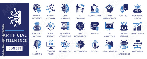 AI icon set. Featuring artificial intelligence, machine learning, automation, neural network, robotics, quantum computing, and more. Perfect for digital, tech, and futuristic designs.