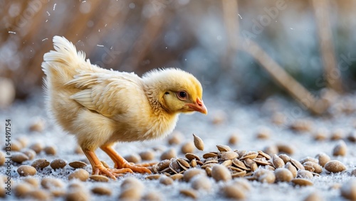 A fluffy yellow chick pecking at scattered seeds on a snowy ground with gentle snowfall in the background