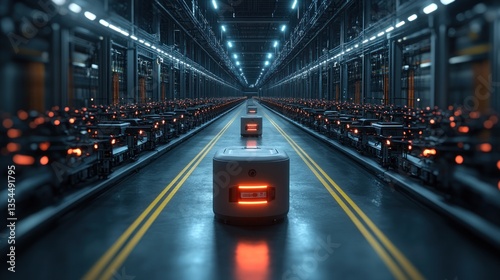 Futuristic Automated Warehouse: Autonomous Robots Transporting Goods in a High-Tech Facility