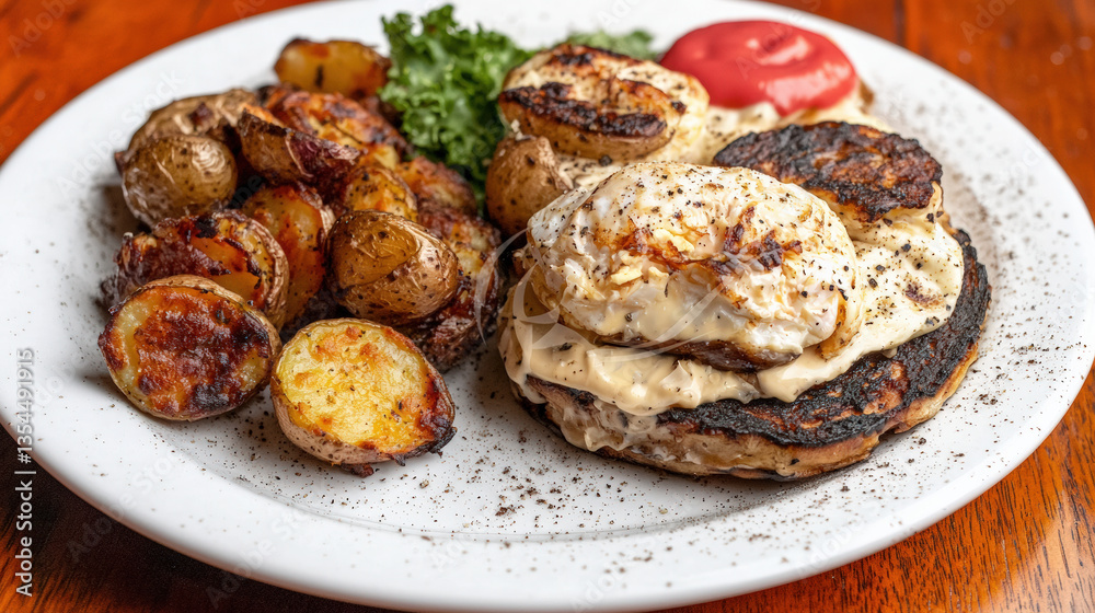 Delicious plate of eggs benedict served with roasted potatoes and fresh greens, perfect for hearty breakfast Delicious plate of eggs benedict served with roasted potatoes and fresh greens, perfect for hearty breakfast
