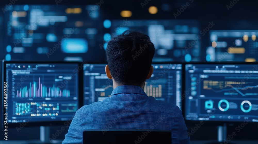 Analysts work with computers in management systems to create reports with KPIs and metrics connected to databases Analysts work with computers in management systems to create reports with KPIs and metrics connected to databases