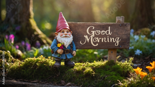 Charming garden gnome holding a flower beside a morning sign  