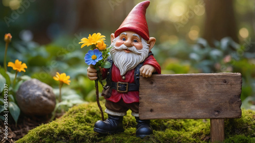 cheerful garden gnome holding flowers next to a wooden sign  
