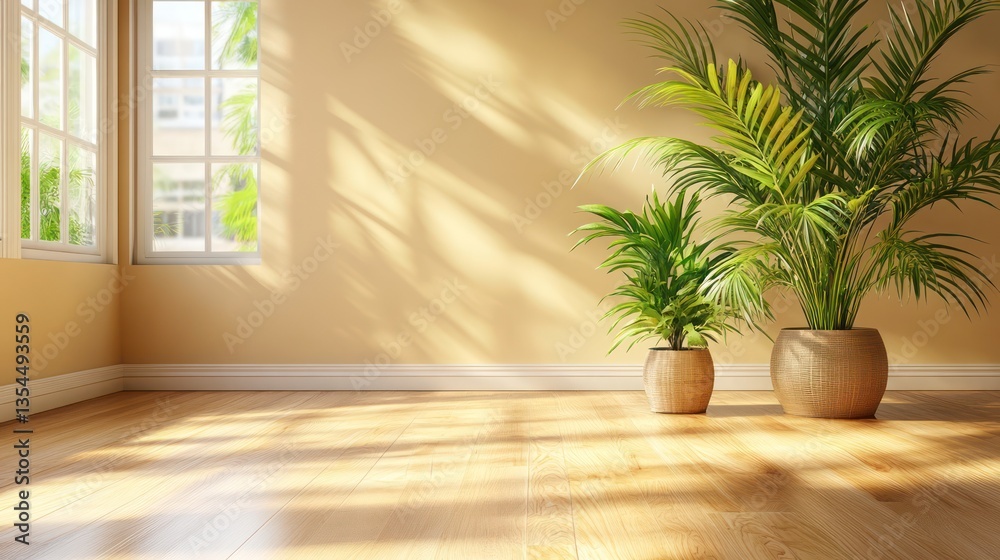 Sunny, empty room with plants and windows Sunny, empty room with plants and windows