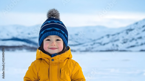 Happy toddler in winter clothes smiles outdoors against snowy mountain backdrop