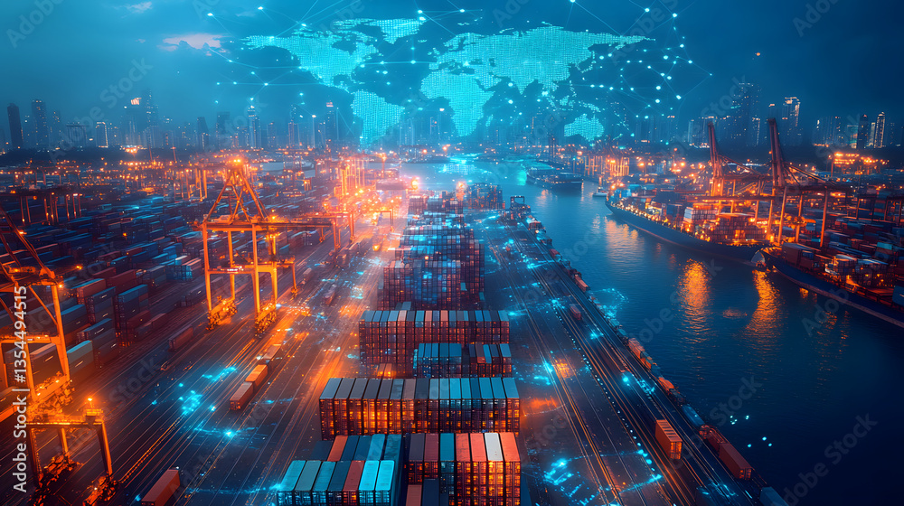 Obraz premium Global Shipping and Logistics at Sunset with Digital World Map Overlay