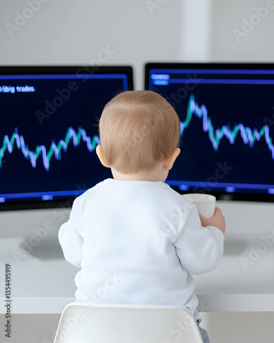Infant seated at desk facing dual monitors displaying stock market graphs