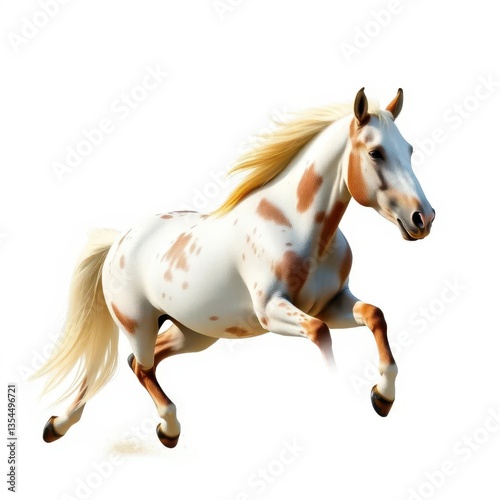 A skewbald pony in full gallop, isolated on a pure white background, swift, pony, isolated