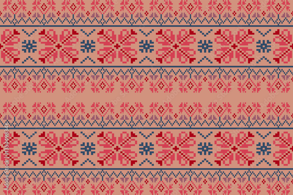 Tribal motif on geometic background.Colorful geometric embroidery traditional ethnic pixel art pattern.Aztec style.Design for texture,fabric,cloting,carpet,knitewar,wrapping,batik,scarf,vector