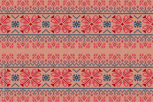 Obraz na płótnie Tribal motif on geometic background.Colorful geometric embroidery traditional ethnic pixel art pattern.Aztec style.Design for texture,fabric,cloting,carpet,knitewar,wrapping,batik,scarf,vector w salonie