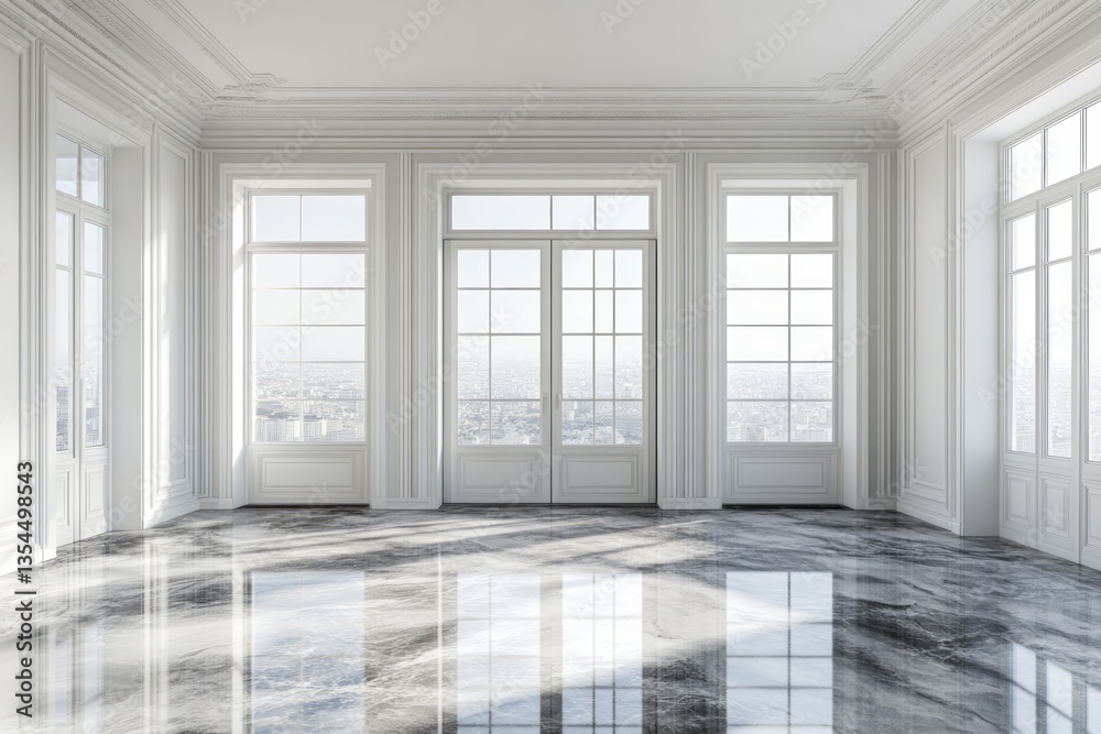 Fototapeta premium Bright room showcases architectural molding with marble floor finish