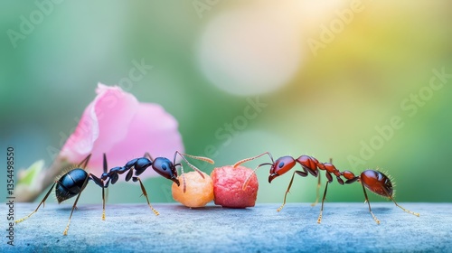 ants solving problem of food transportation, teamwork