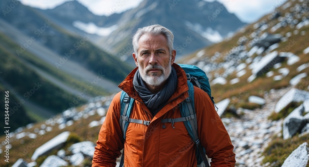 Adventurous middle aged man on mountain trail nature escape photography model Adventurous middle aged man on mountain trail nature escape photography model