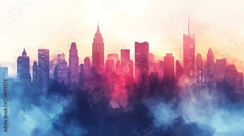 Vibrant cityscape watercolor painting captures the skyline at dusk with haze and striking colors