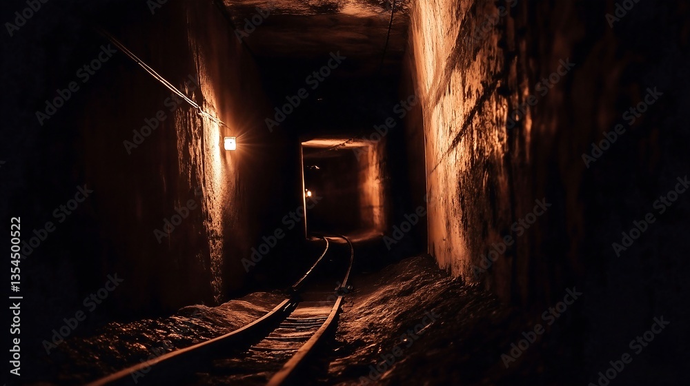 Naklejka premium Underground tunnel with railway tracks and ambient lighting