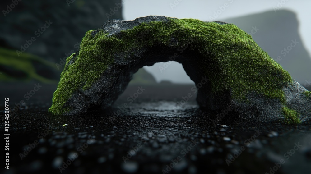 Fototapeta premium Moss-covered arch over black sand beach