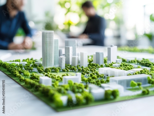 Architects collaborate on green city architecture model in modern office