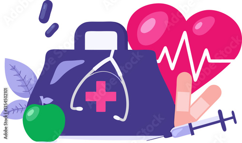 first aid kit and medical equipment, illustration for health day