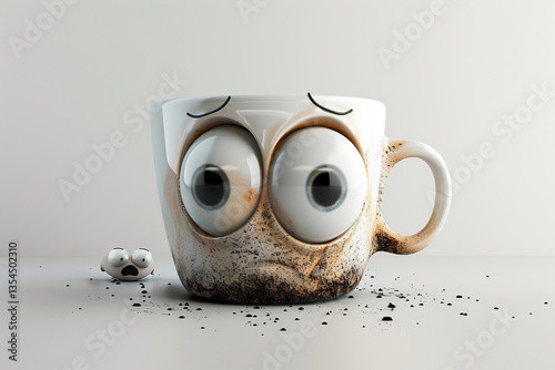 Sad cartoon coffee mug with spilled coffee and depressed face. illustration symbolizes fatigue, stress, and struggles of rough morning for sticker, print, meme