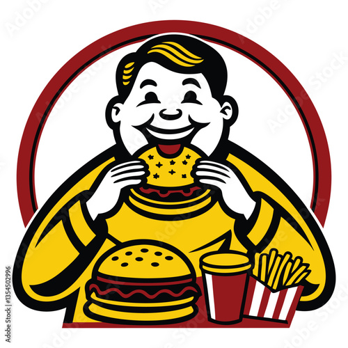 Overeating Icon Logo Hungry Character with Lots of Food