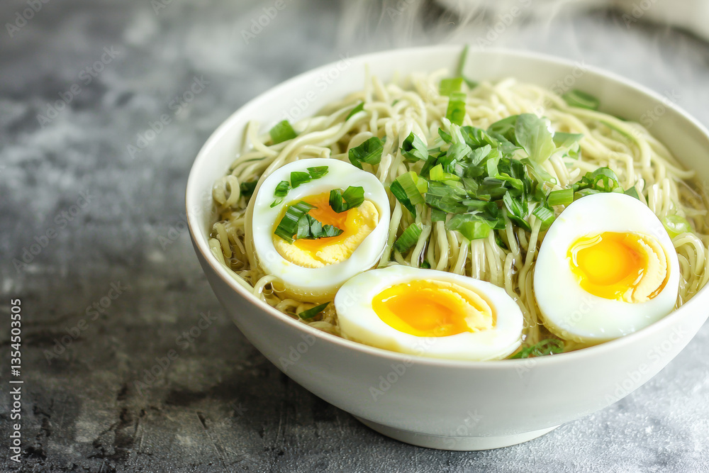 steaming bowl of ramen with soft boiled eggs and green onions, perfect for comforting meal steaming bowl of ramen with soft boiled eggs and green onions, perfect for comforting meal
