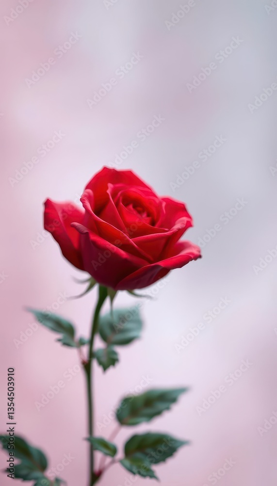 Fototapeta premium Soft, blurred pastel background with a single, vibrant red rose in focus, picture, blossom