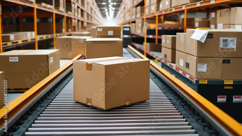 Conveyor belts moving cardboard boxes in a large warehouse under industrial lighting.