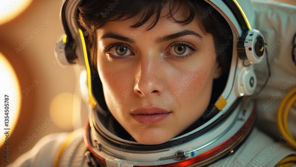 Close-up portrait of an astronaut with focused expression, wearing a space suit against a blurred cosmic background Close-up portrait of an astronaut with focused expression, wearing a space suit against a blurred cosmic background