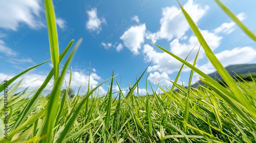 Obraz premium Green Grass Reaching for the Sky with White Clouds and Blue Backdrop