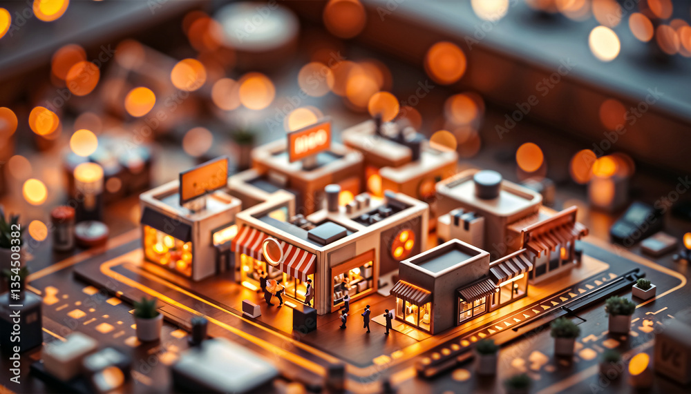 Obraz premium Isometric Online Business Hub with Tiny Storefronts Representing E-Commerce and Local Search