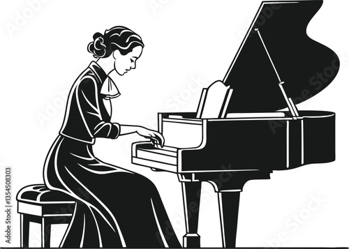 A captivating silhouette of a woman seated at a piano, elegantly playing.