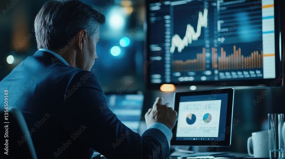 Businessman Analyzing Data on Laptop and Monitor Businessman Analyzing Data on Laptop and Monitor