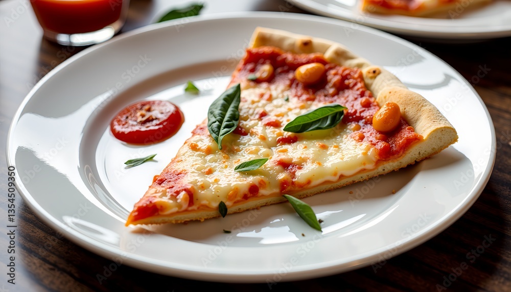 Pizza slice with basil on a white plate Pizza slice with basil on a white plate