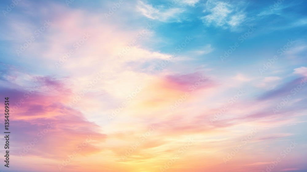 Obraz premium A colorful sunset sky with soft pastel pink, orange, and blue clouds