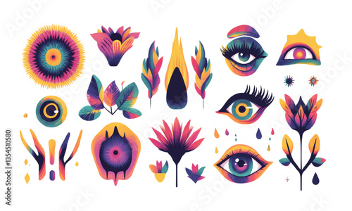 Wallpaper Mural Psych grainy flat vector set, graphic colorful elements flat style, summer spring party, eyes, mushroom and nature, eye, surreal liquid stile Torontodigital.ca