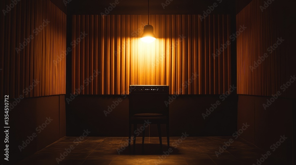 Fototapeta premium A Single Chair in a Dark Room with Striped Walls and a Hanging Light