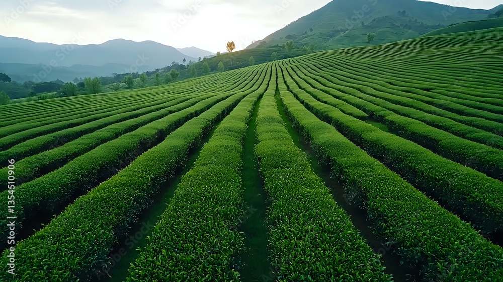 Rows of green tea plantations stretching across rolling hills at sunset, creating geometric patterns in agricultural landscape with mountain backdrop.