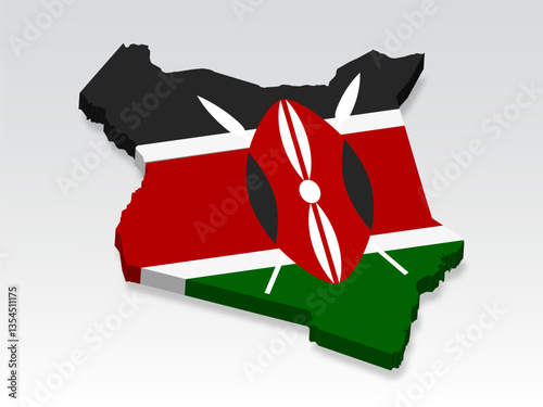 3D Kenya map with flag. Three dimensional map of Kenya with shadow. Flag  Republic of Kenya on white background for your design, app, UI.  Stock vector. EPS10. 