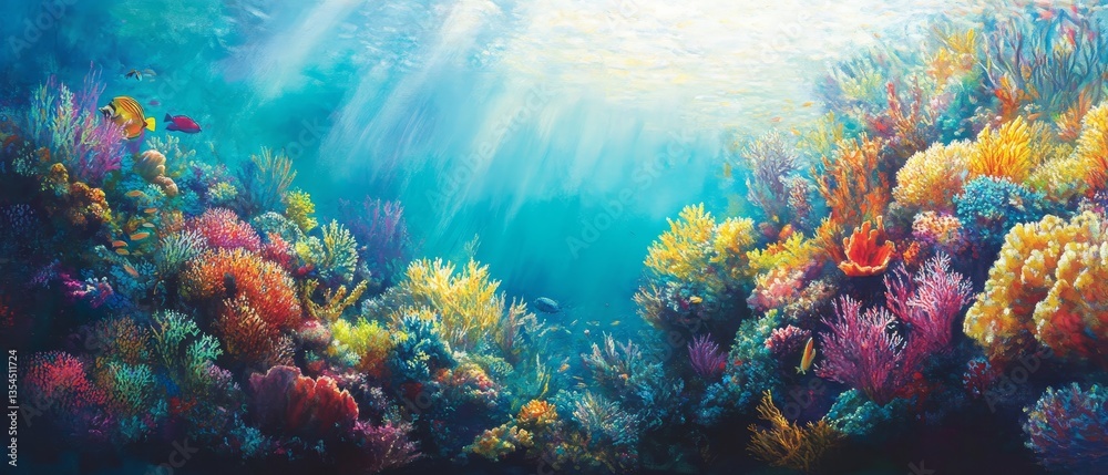 Fototapeta premium Vibrant coral reef ecosystem with sunlight filtering down.